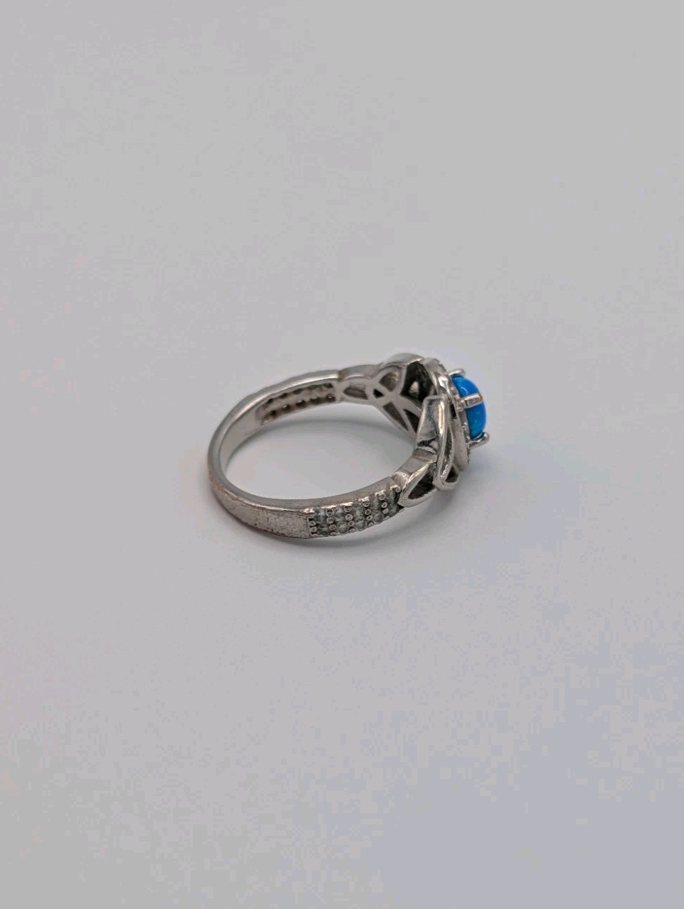 Synthetic Opal Cabochon CZ Halo Ring Trinity Celtic Band Silver Toned Plated