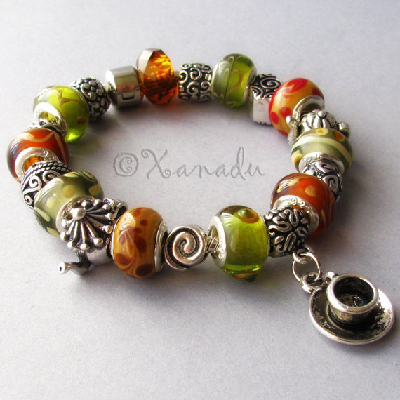 Tea Time European Charm Bracelet – Brown Green Lampwork Glass Bead w Tea Charms