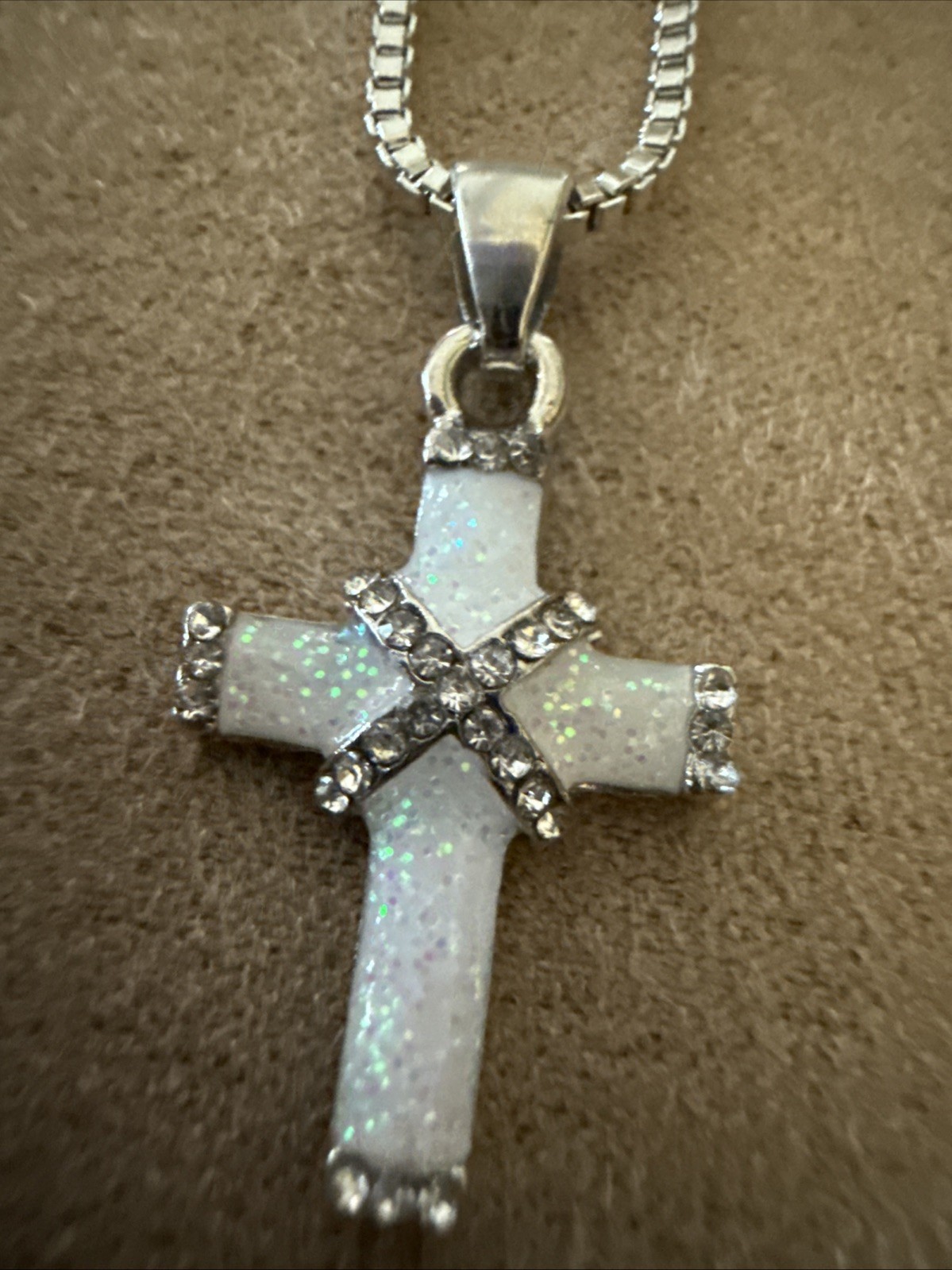 Silvery White Synthetic Opal Mosaic Cross Pendant Necklace