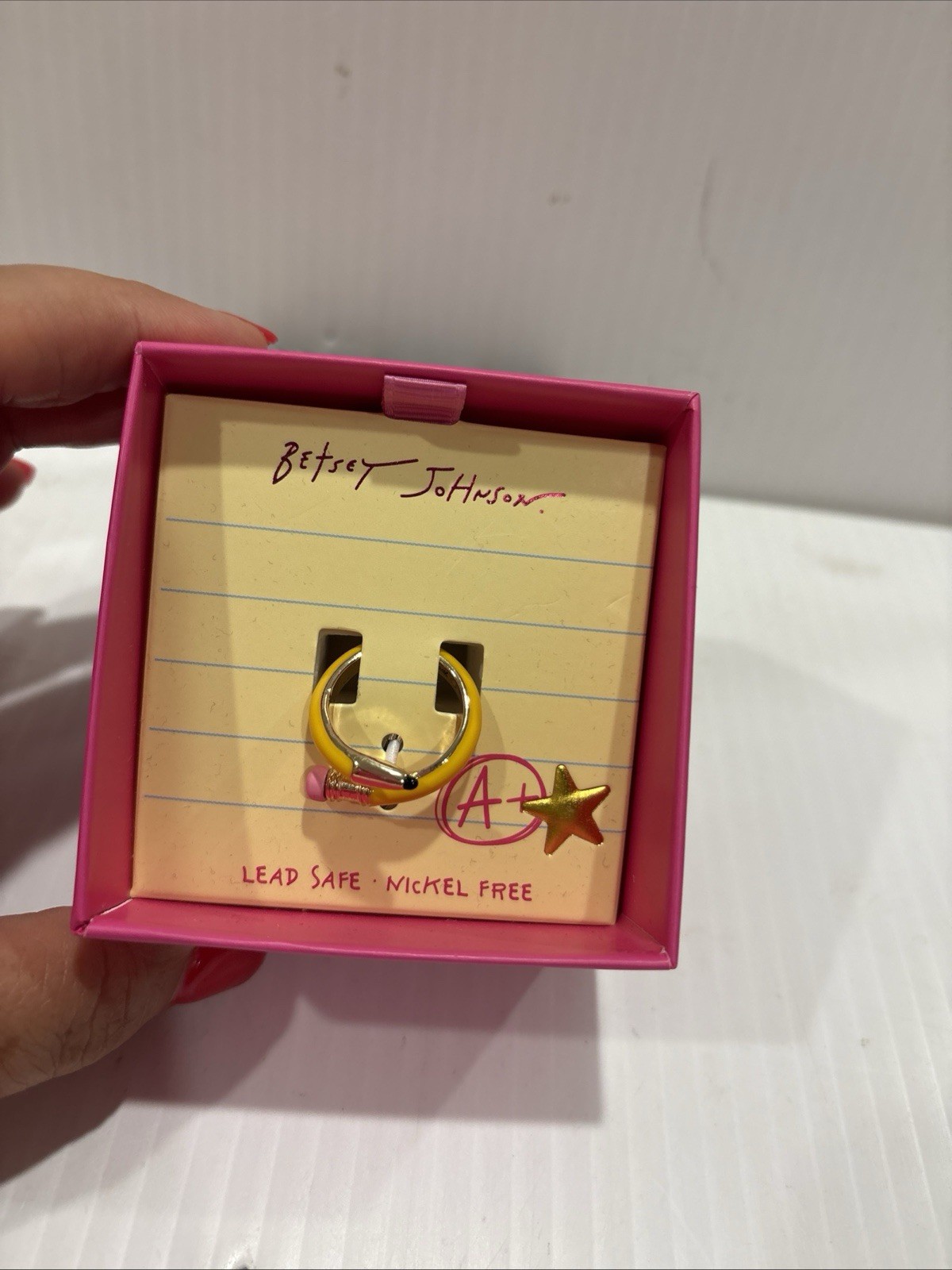 Betsey Johnson Curved Yellow Pencil & Pink Eraser Wrap Ring Size 7.5 NWT & Box