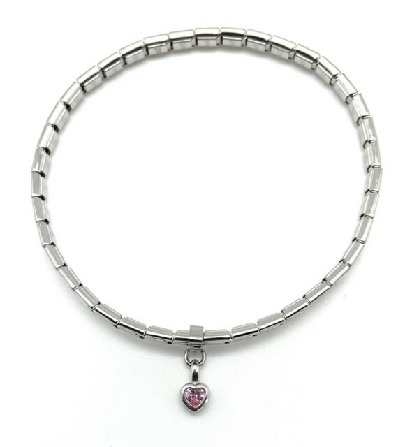 Italian Modular Charm Bracelet Dangle Pink CZ Heart Stainless Steel Silver 4 mm