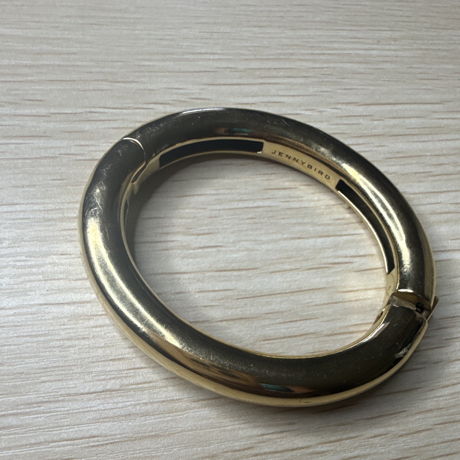 Jenny Bird Gold Tone Hinged Bangle Bracelet, Signed, No Stone