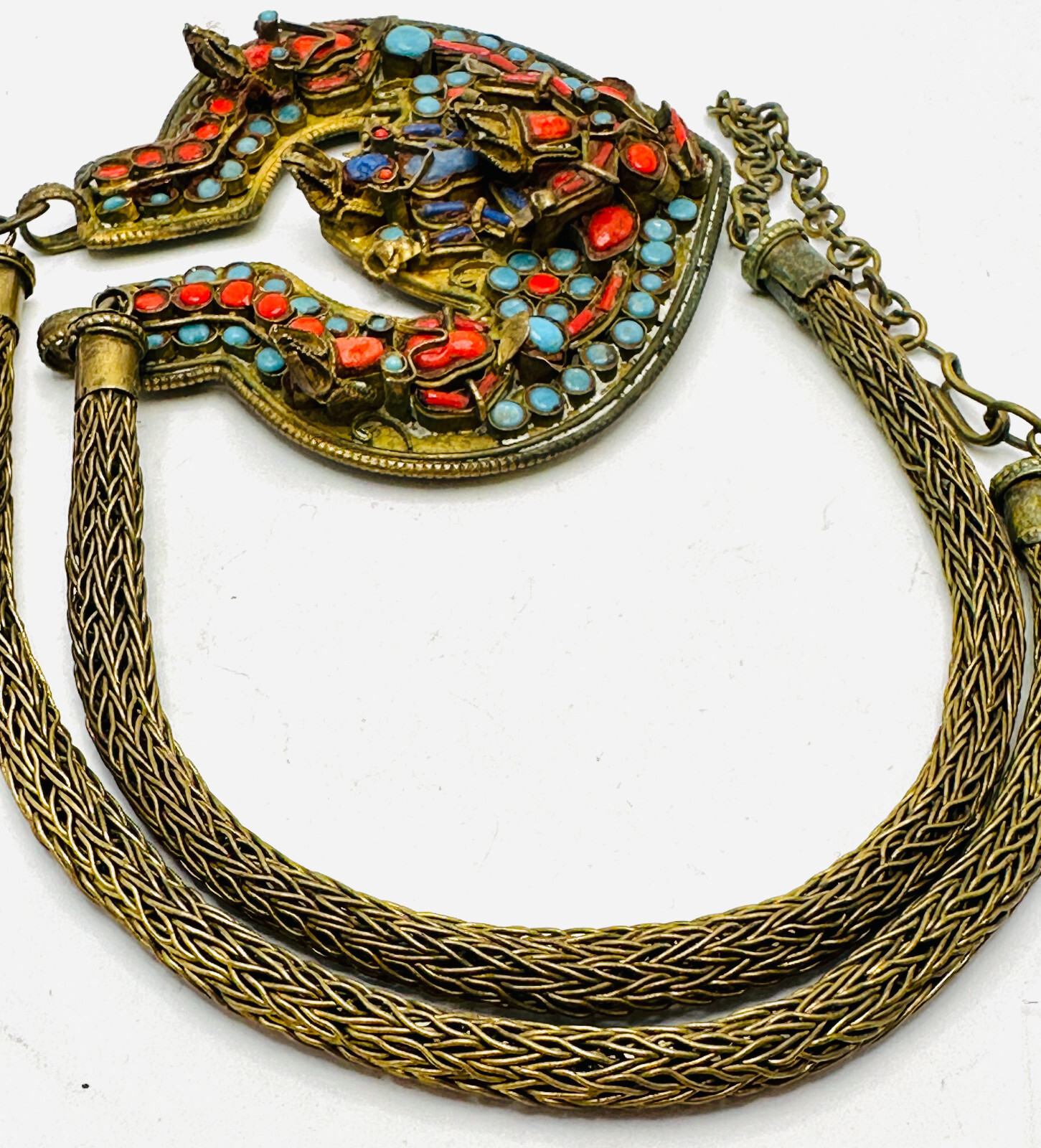 Antique Nepal Tibetan Brass Vishnu Prayer Necklace Coral Turquoise Glass EUC 24″
