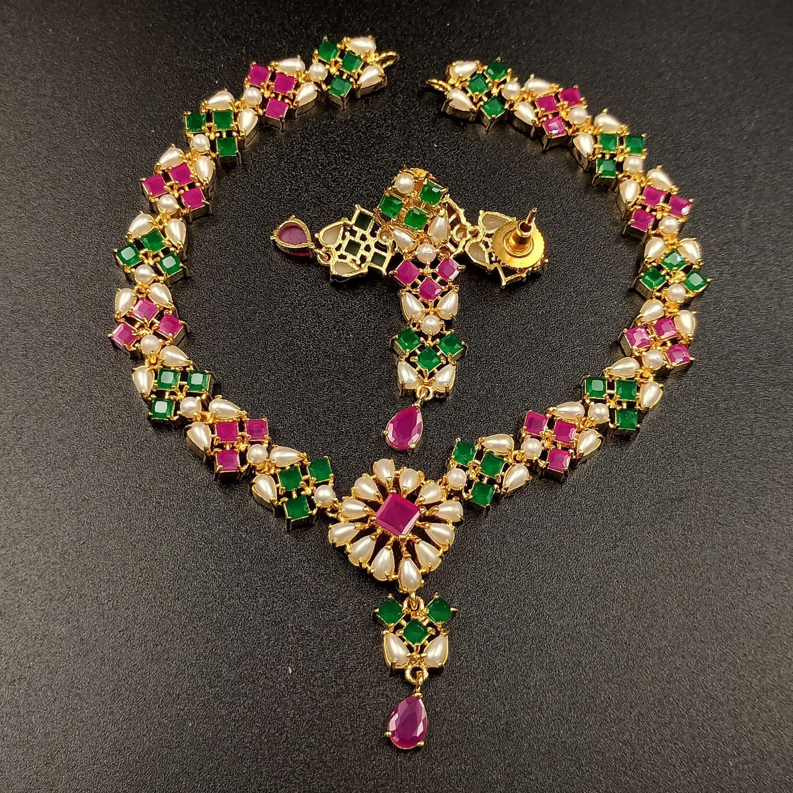Bollywood Style Ruby Emerald Pearl 22K Gold Plated Jewelry Necklace Earrings Set