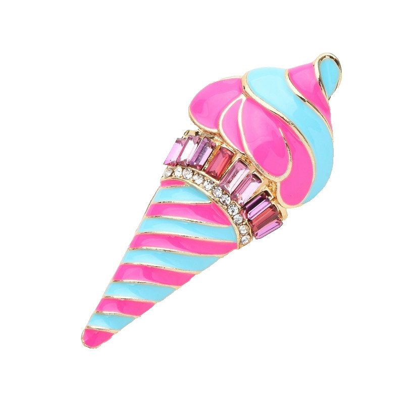 2PCS Ice Cream Cone Brooch Pin Enamel Rhinestone Dessert Sweet Treat Gold Tone
