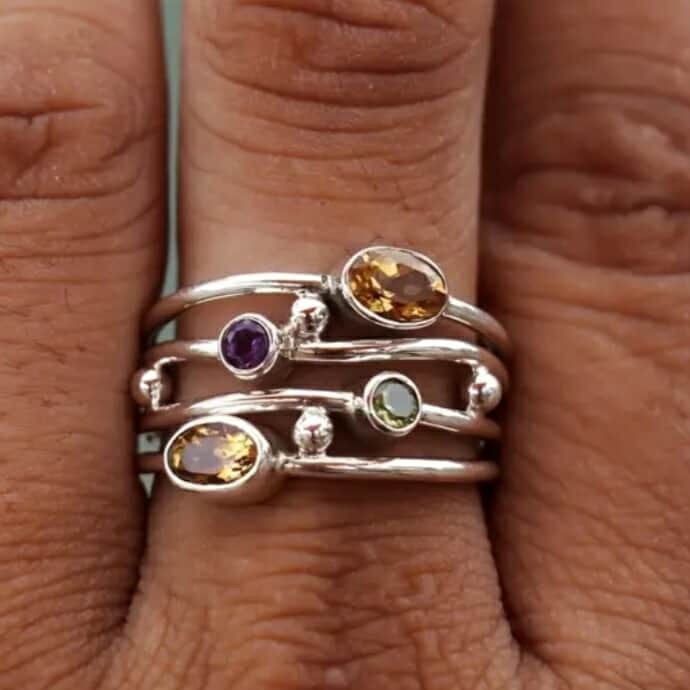 925 Sterling Silver Rainbow Citrine Amethyst Peridot Engagement Ring Size 7