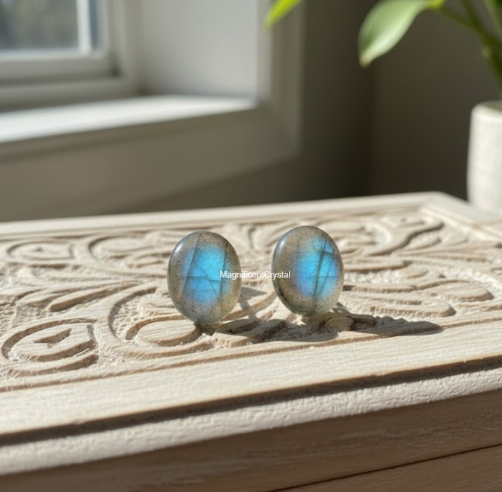 Labradorite Oval Stud Earrings Rainbow Flash Crystal Spiritual Energy Jewelry