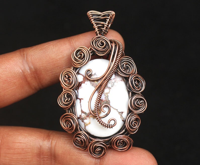 Copper Wire Wrap Flower Pendant Jewelry Wild Horse Jasper Gemstone Gift N277