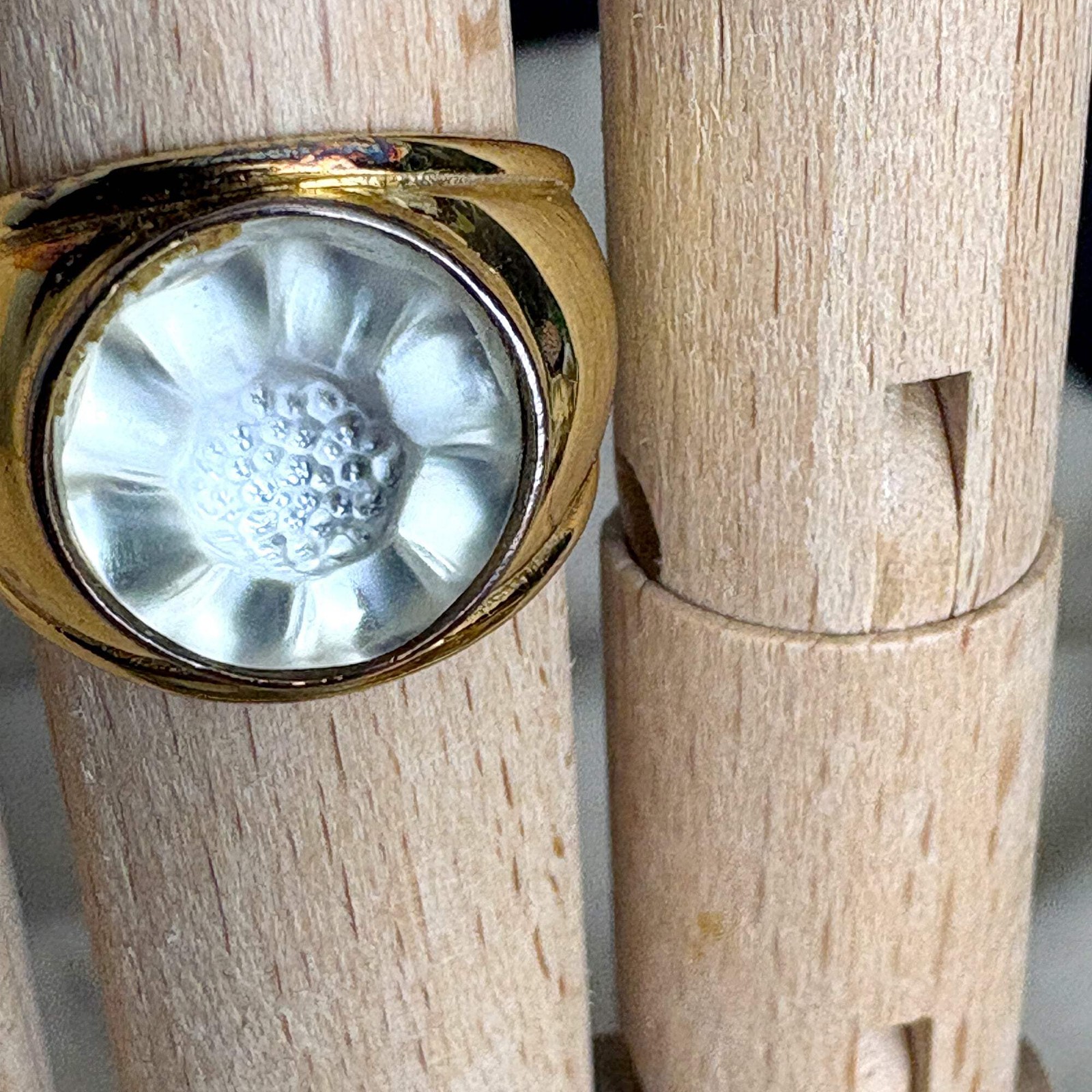 Lalique France Helianthus Sunflower Crystal Ring Gold Vermeil Sz 6.5