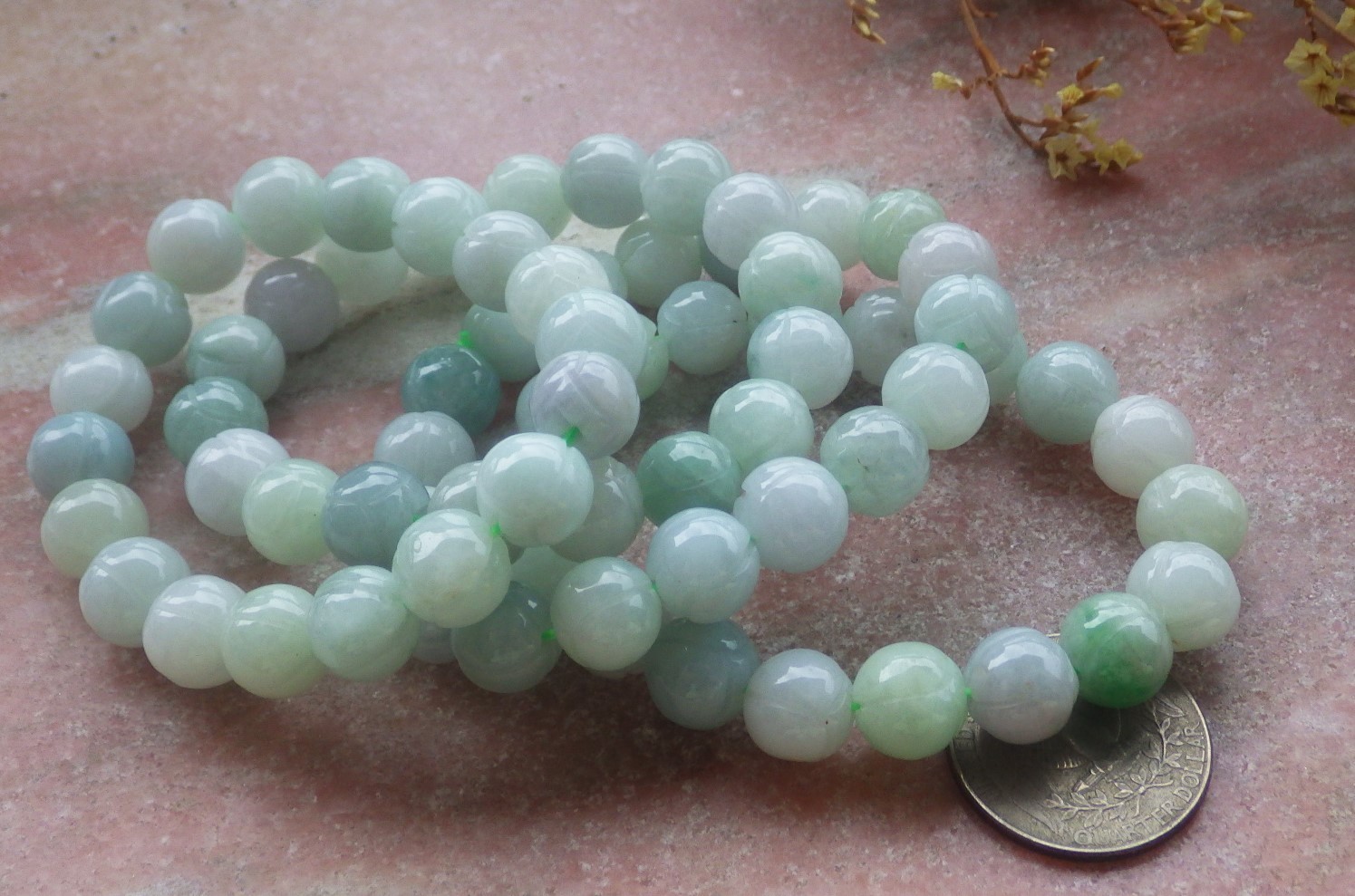 1 Pcs Green A JADE Jadeite Beads Bangle Lotus Flower Bracelet 7 inches 手链 737180