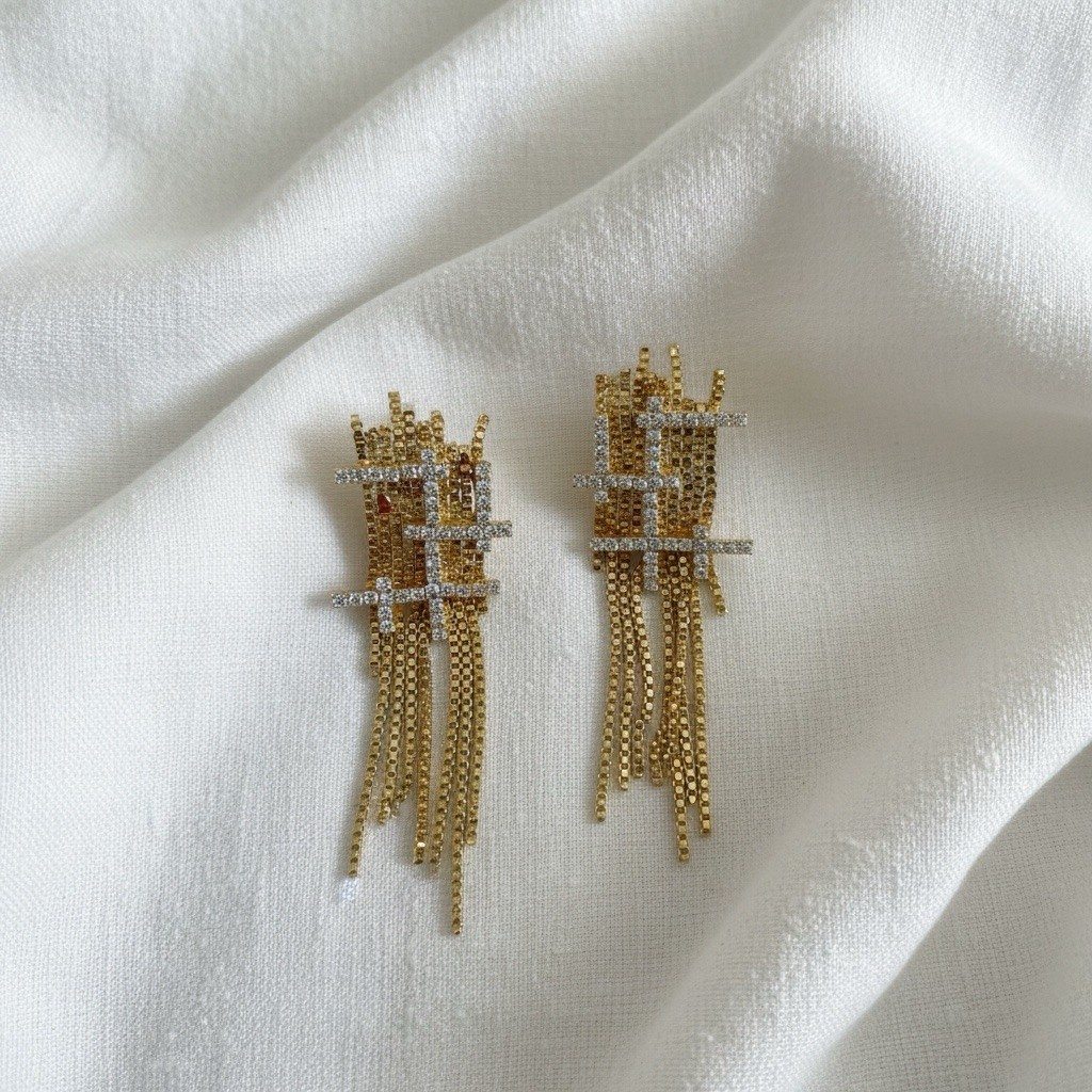Goddess Gold Earrings Solanales Stud Chain Tassel Fringe Crystal CZ Art Deco VTG