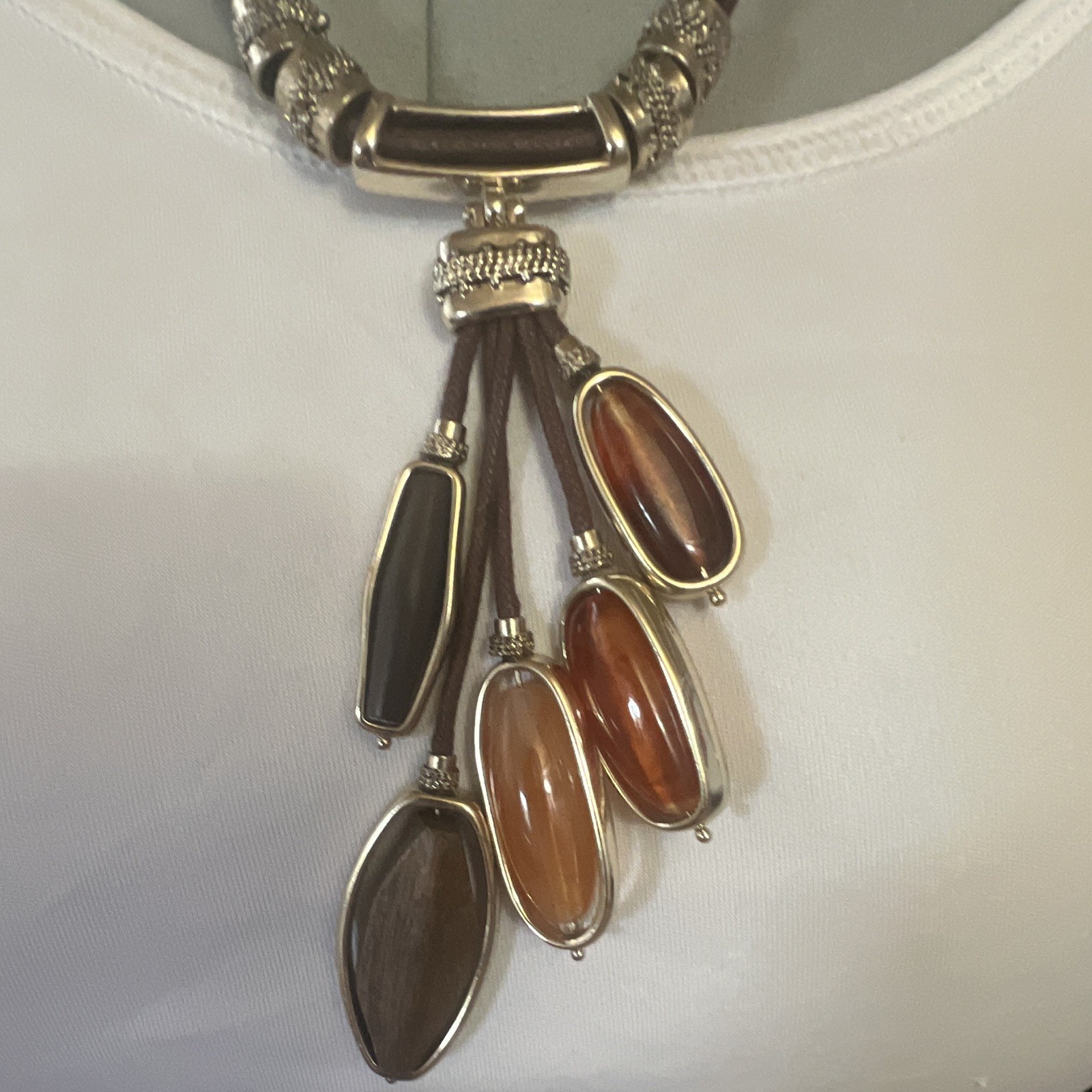 Chico’s Brown Faux Leather Cord Necklace, Silver Tone Asymmetrical Drop Pendant
