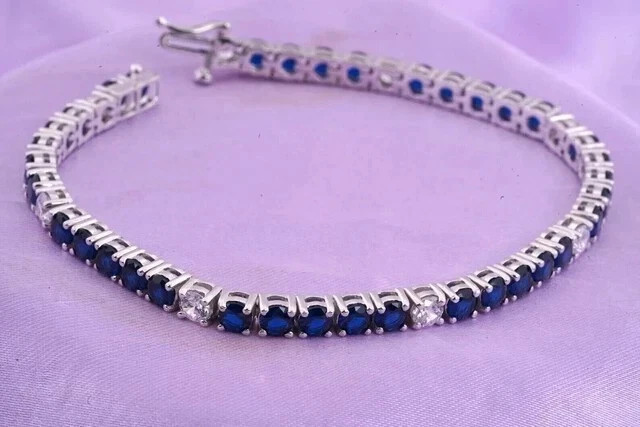 10 ct Round Cut Simulated Sapphire Women Tennis Bracelet 14k White Gold Plated