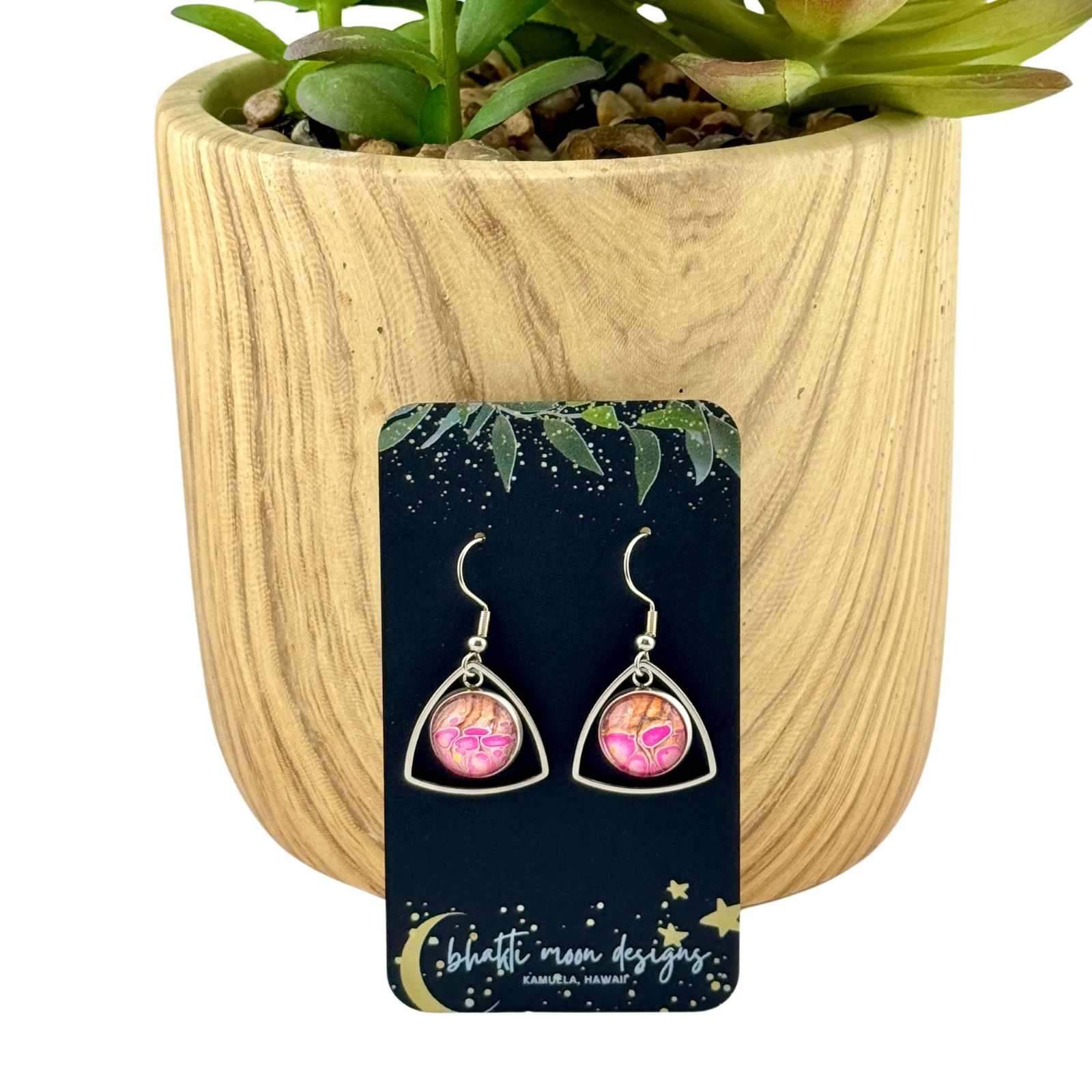Dangle Earrings Handmade “Pink Bubbles Triangle” Sterling Silver French Earwires