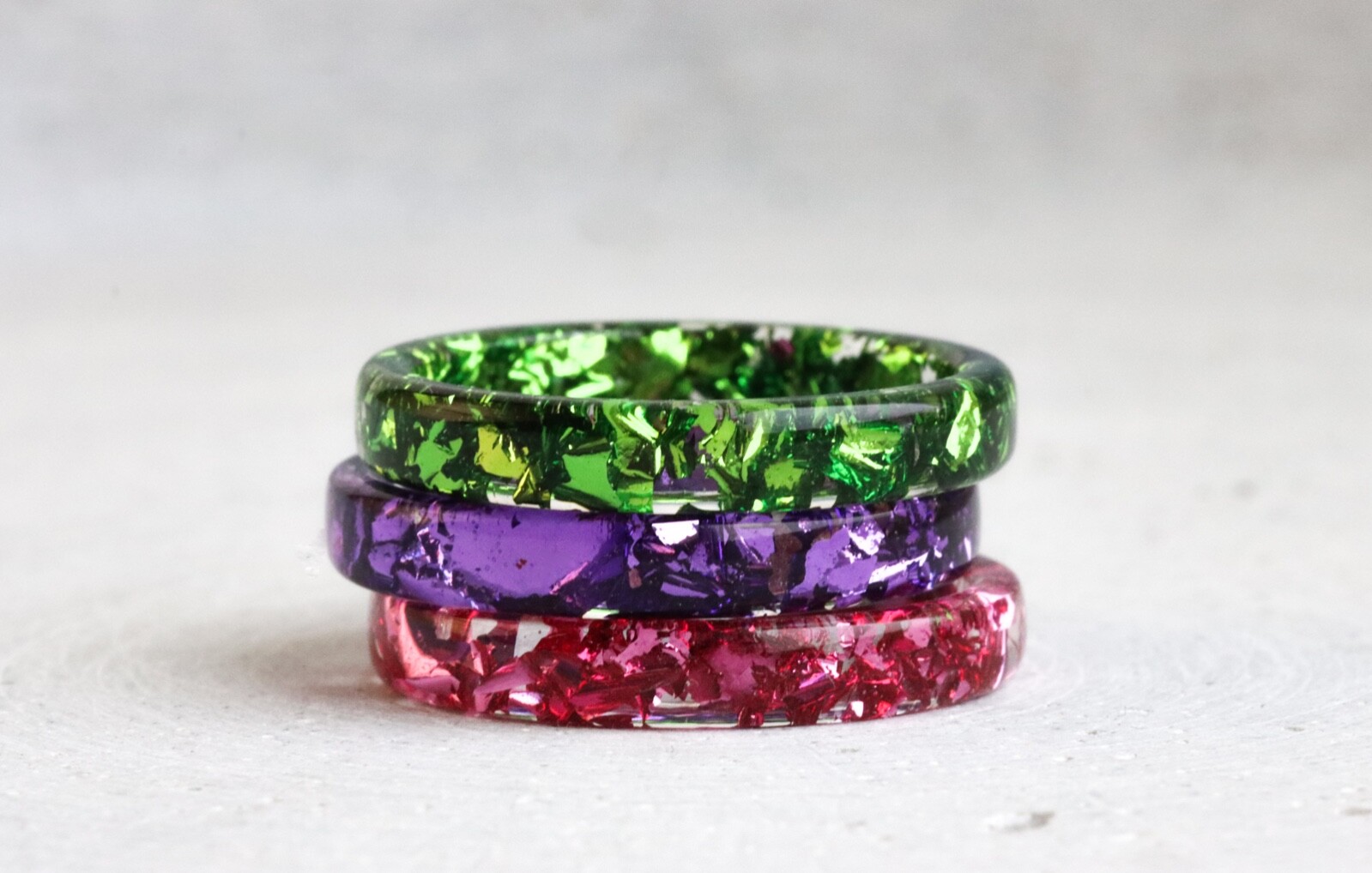 Set of 3 Resin Rings With Pink Green Purple Metal Flakes – Mother’s Day Gift
