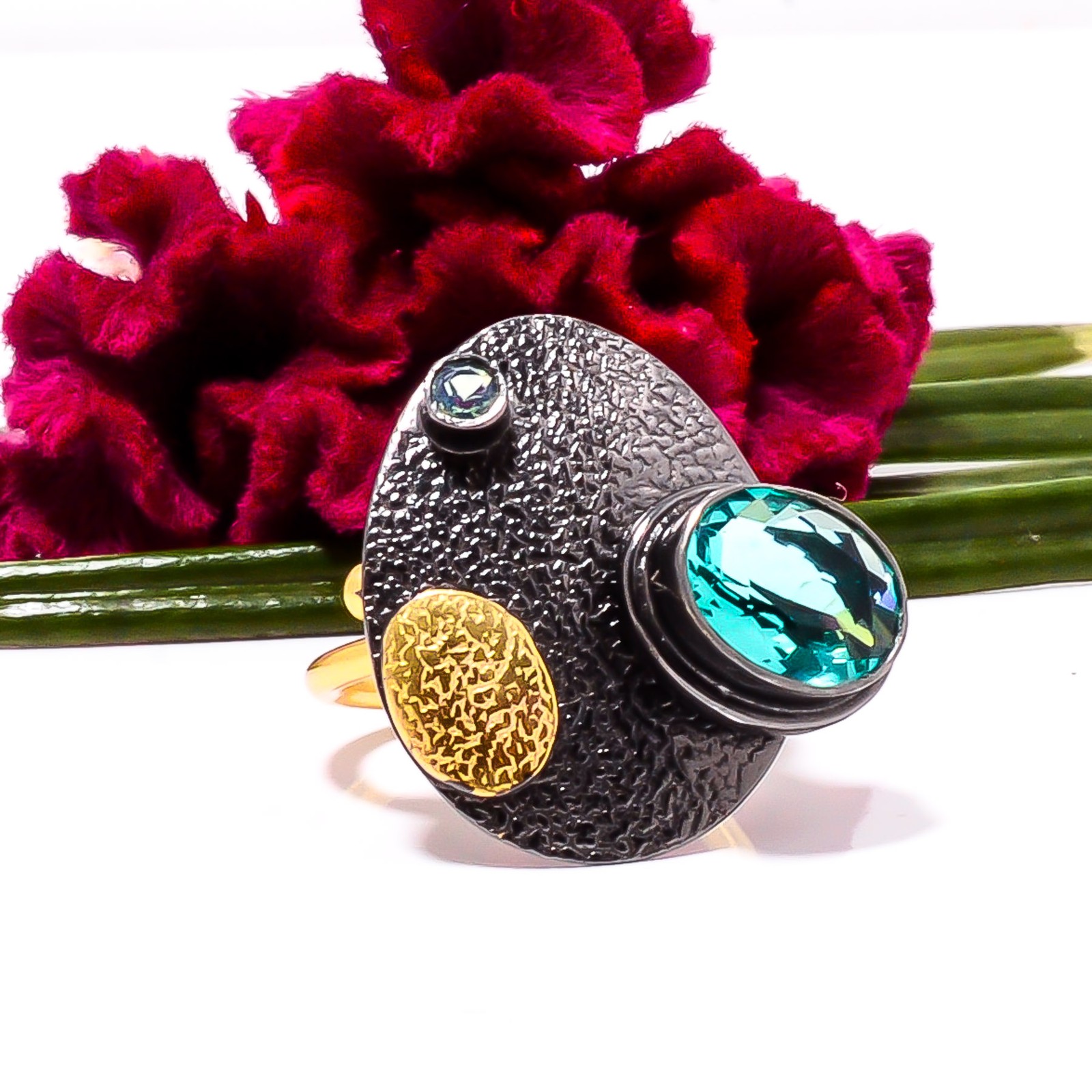 Paraiba Tourmaline Black And Gold Plated 925 Sterling Silver Ring s.7 Sku79