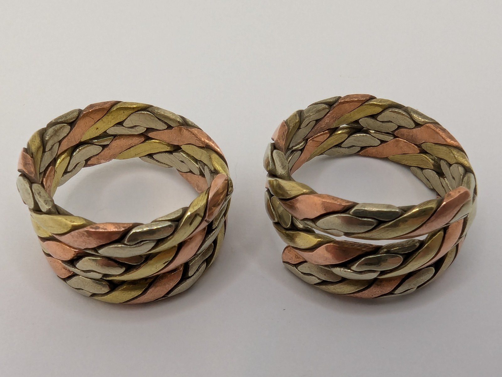 Tibetan Three Metal Coil Rings. Brass, Copper & Silver Tone Metals. Pair Of 2