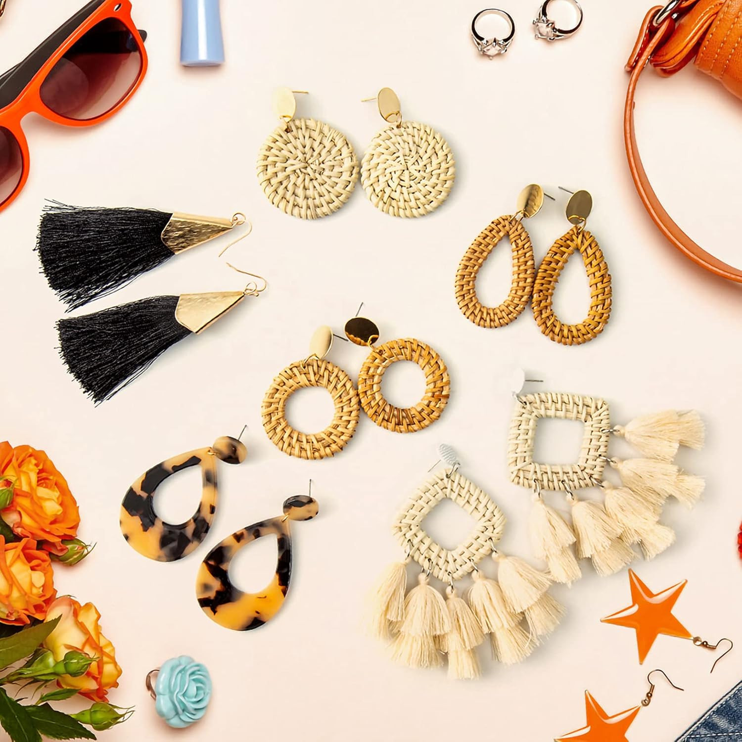 6-18 Pairs Earrings for Women, Lightweight Summer Earrings Straw Earrings Fashio