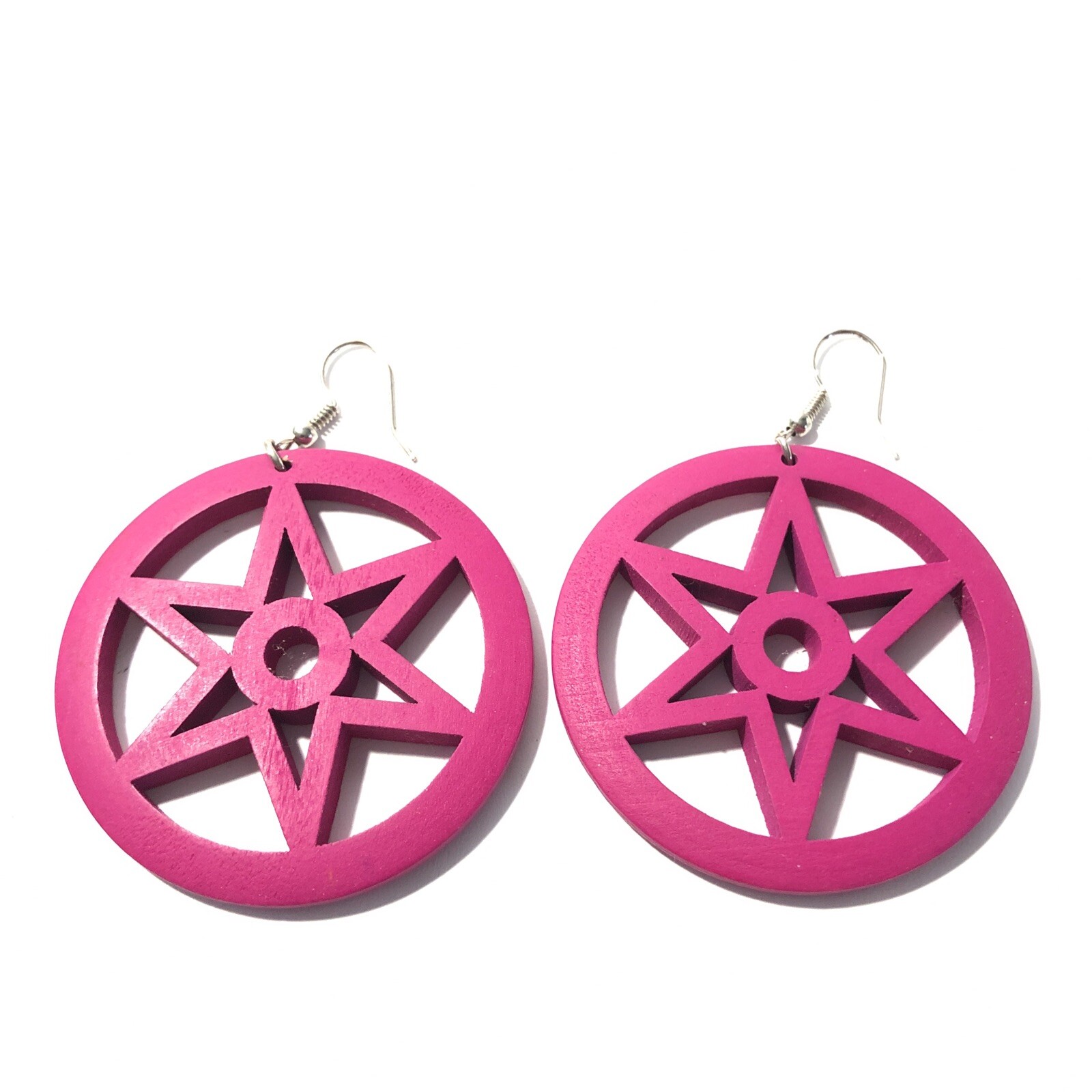 Women’s Purple Star Wood Round Drop Dangle Earrings-Large 2.5” Statement