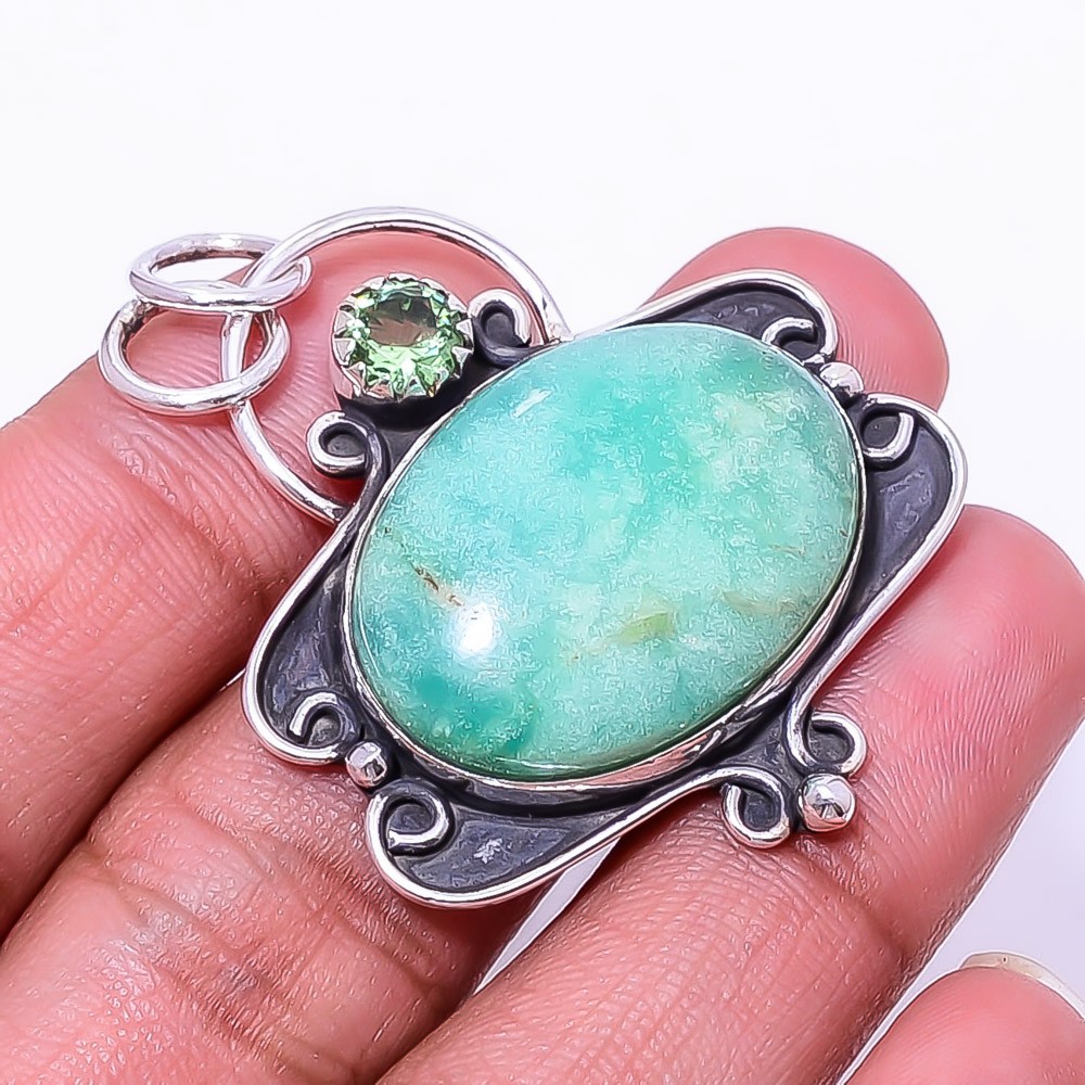 Variscite – Green Turquoise & Green Amethyst 925 Sterling Silver Pendant 1.76″ P
