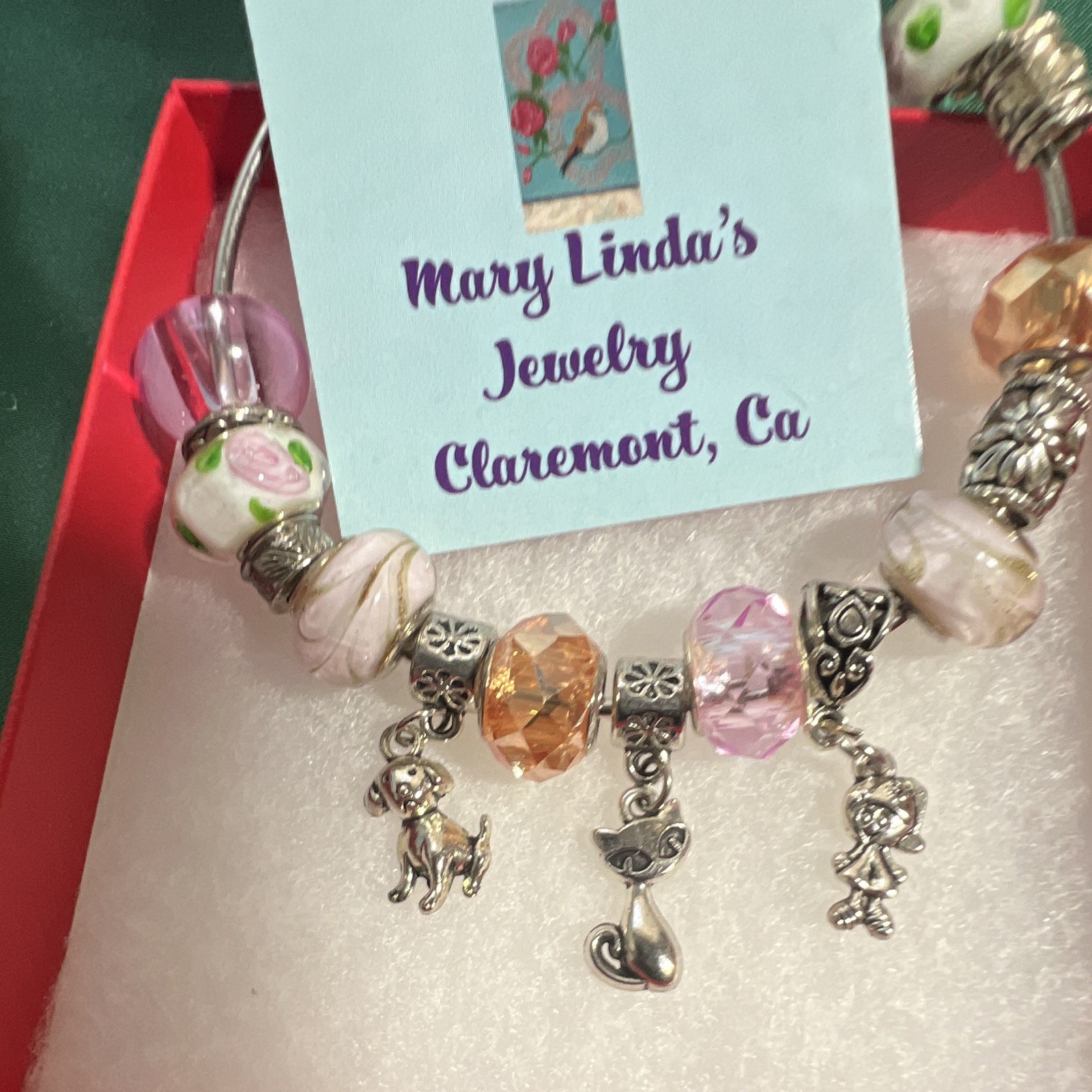 Bracelet 8 inch love cat dog child Sterling pink rose amber, bangle ball clasp.