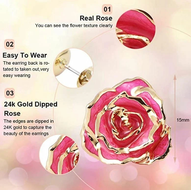 Pink 24K Gold Dipped Real Forever Rose Stud Earrings