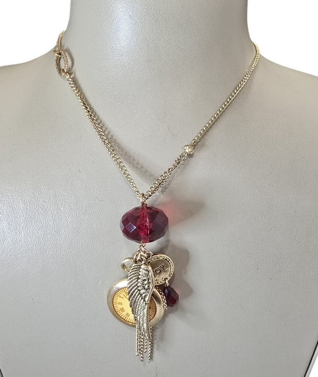 Stephan & Co Women’s Gold Plated Trendy Red Charm Clock, Joy Necklace NWT