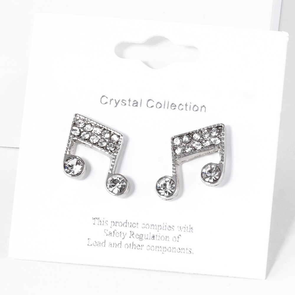 Rhodium Silver toned Crystal Paved Music Note Stud Earrings