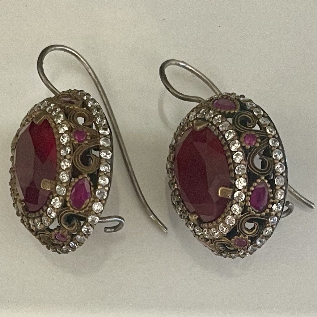Vintage Red Rube Rhinestone Statement Earrings Silver & Gold Tone Filigree Oval