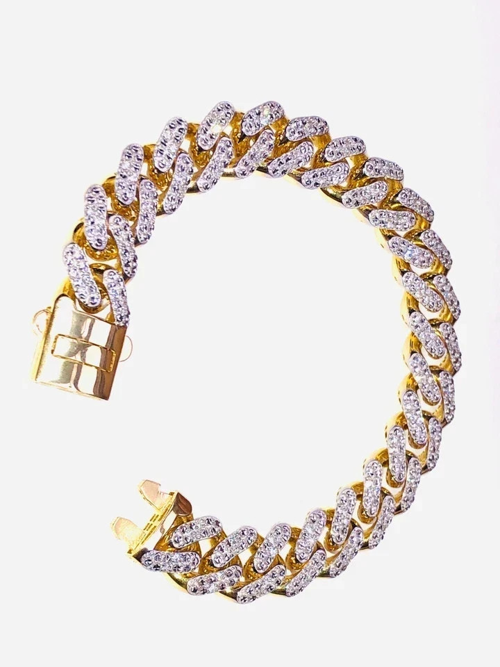 7Ct Round Cut Cut Simulated Diamond Men’s Cuban Bracelet 14k Yellow Gold Plated