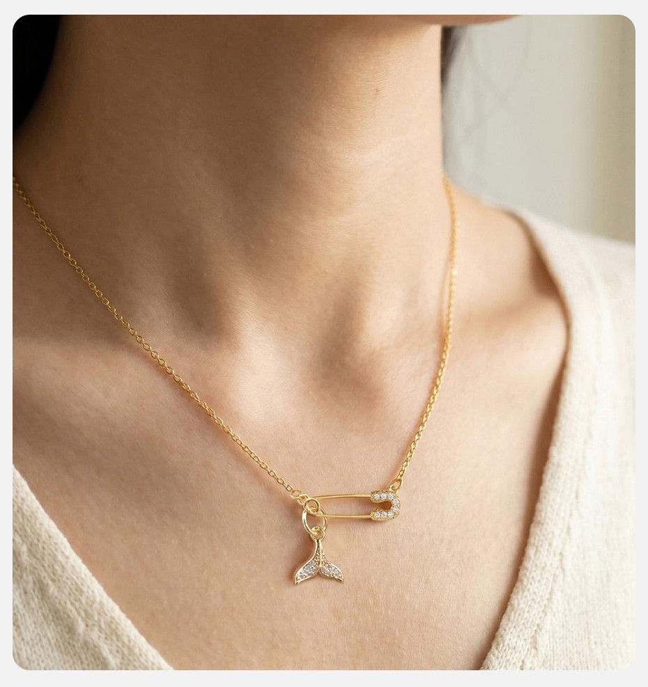 Safety Pin Butterfly Flower Necklace CZ Fishtail Charm Choker Jewelry Women