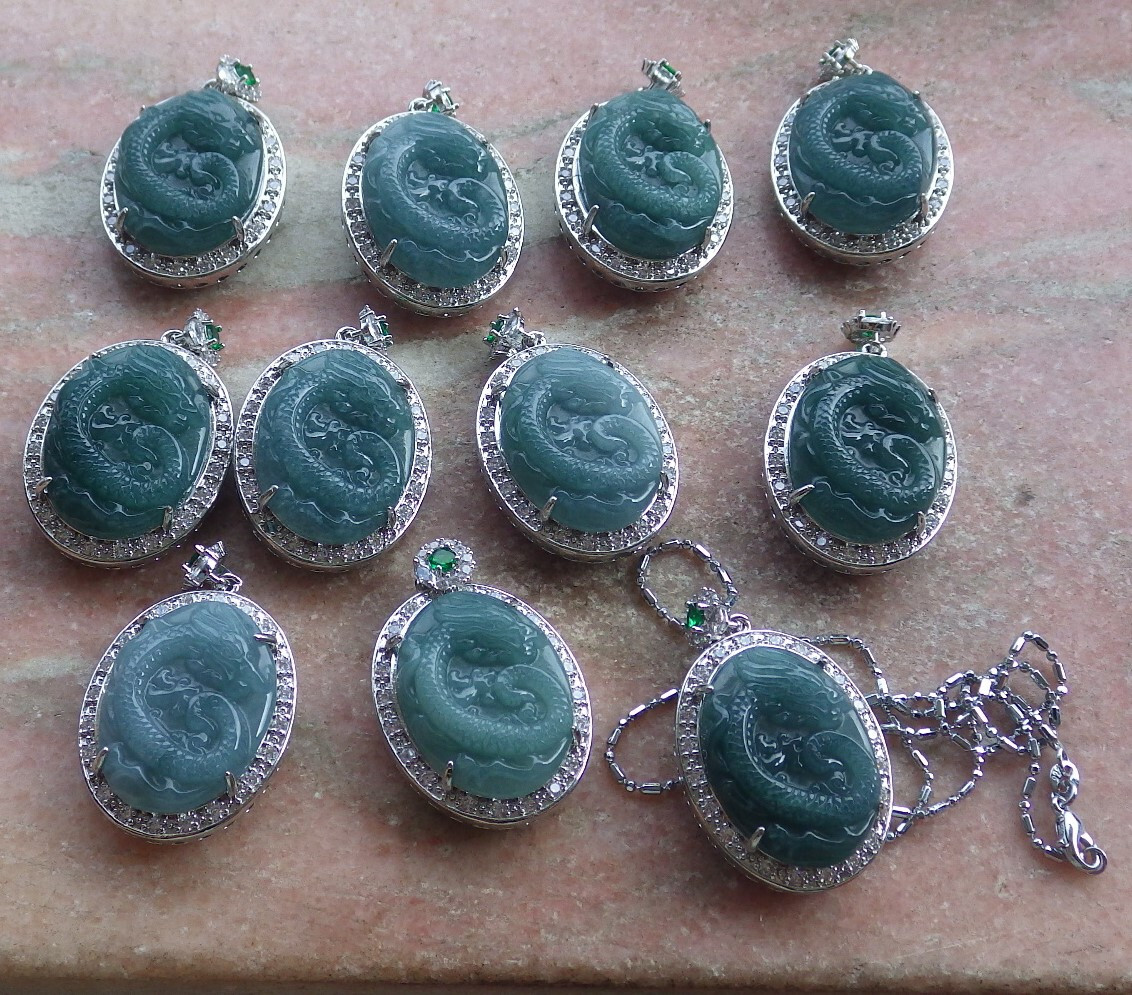 1Pcs Icy Green Burma 100% Natural A Jade jadeite Pendant Dragon Necklace 680352