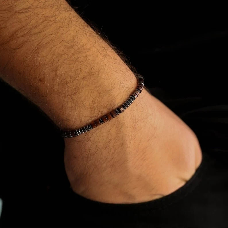 Natural Hematite Wood Beads Morse Code Bracelet Healing Gemstone Jewelry Gift