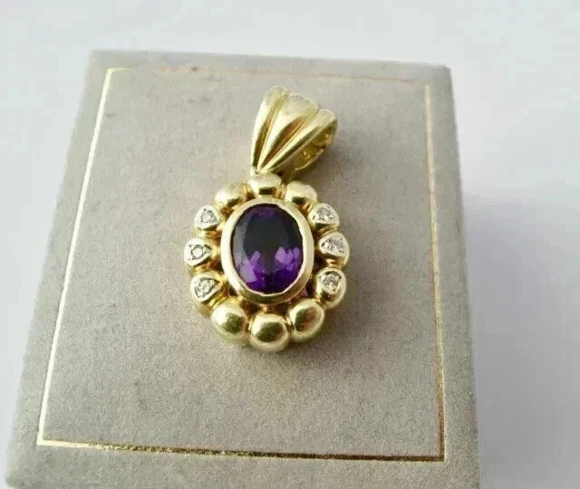 Simulated Oval Cut Amethyst Halo Pendant 18″ Chain 14K Yellow Gold Plated Silver