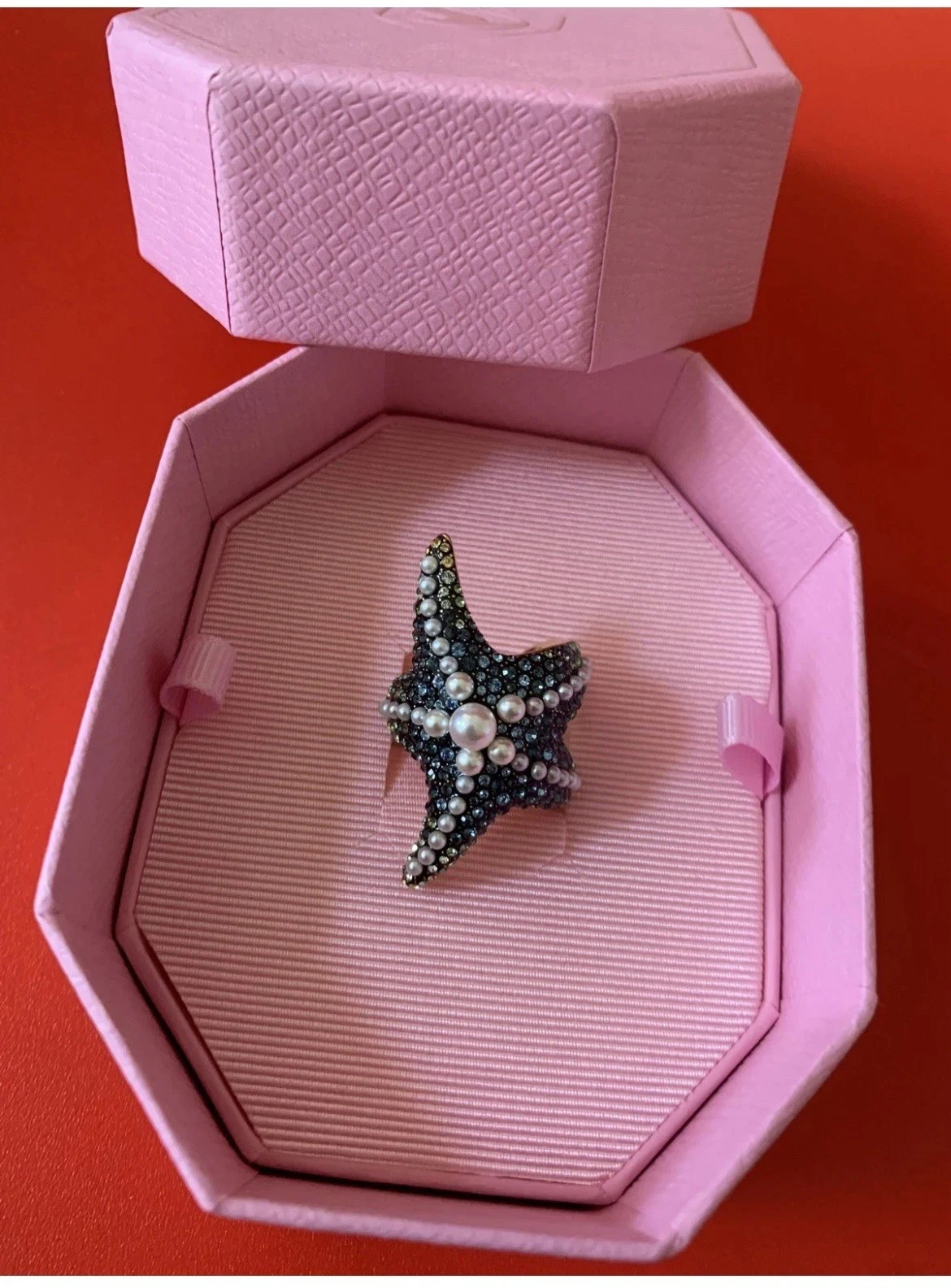 Swarovski Idyllia Starfish Cocktail Ring Multicolor Crystals Pearl Gold Tone Siz
