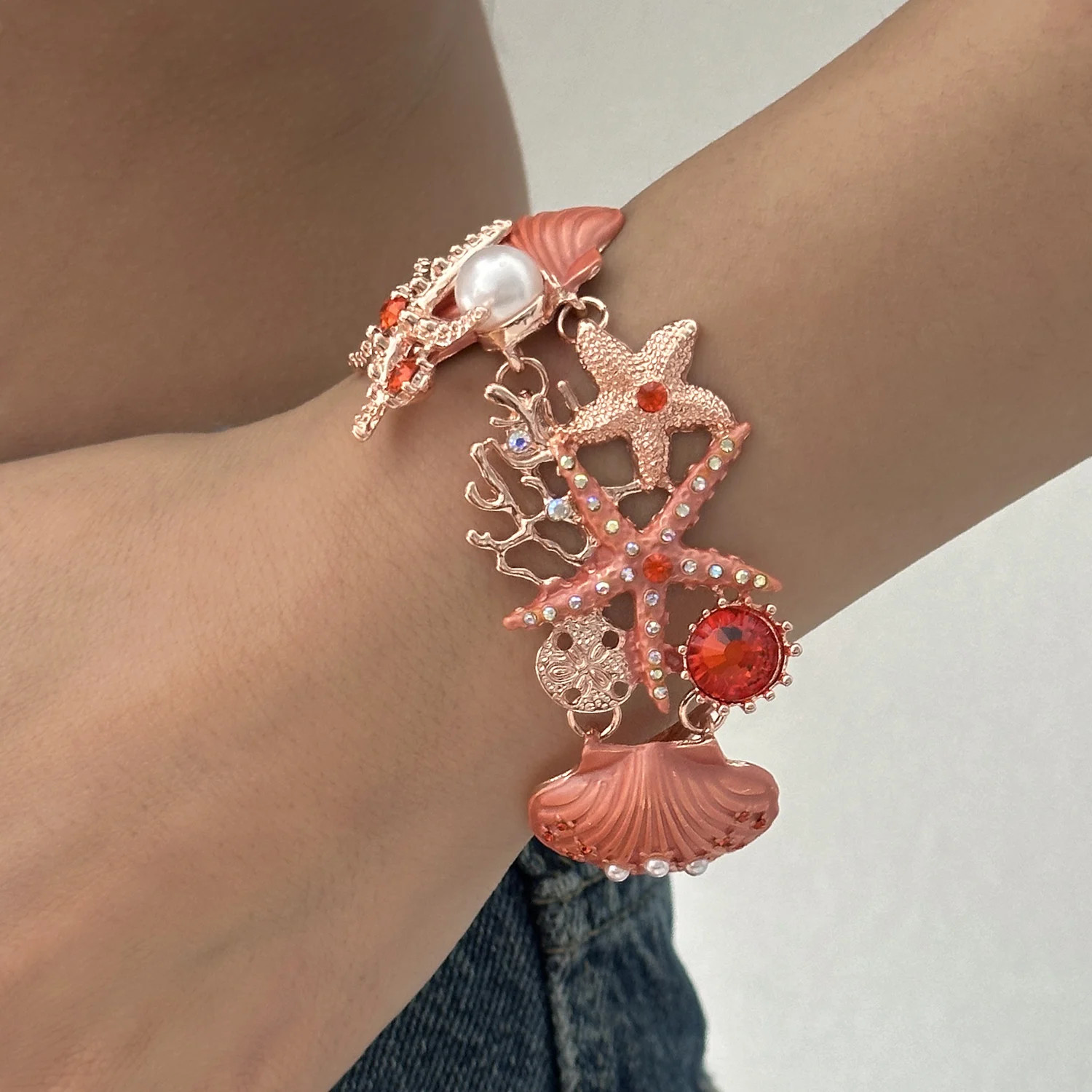 Boho Shiny Starfish Shell Coral Pearl Pendant Necklace for Women Exaggerated Met