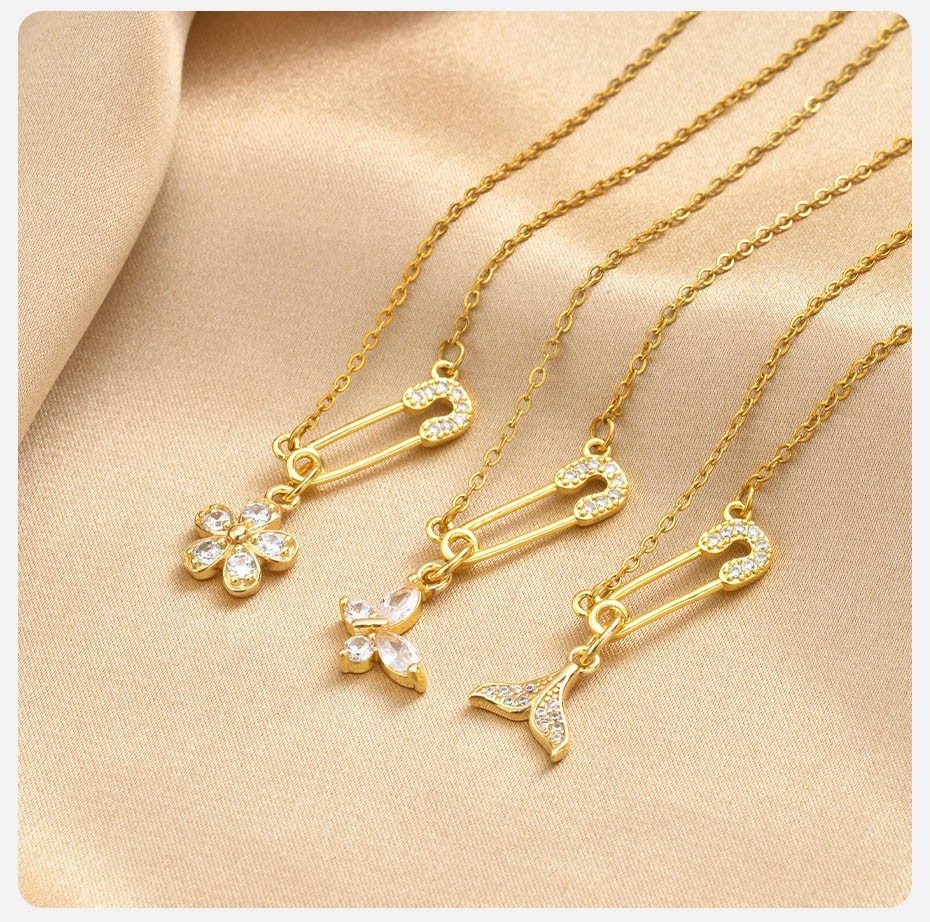 Safety Pin Butterfly Flower Necklace CZ Fishtail Charm Choker Jewelry Women