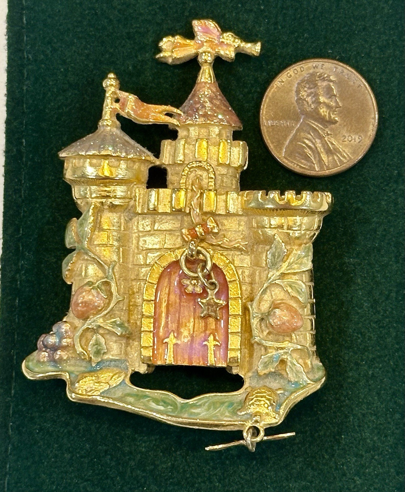 Kirks Folly Fairytale Castle Rapunzel Princess Gold-Tone Enamel 3” Brooch/Pin