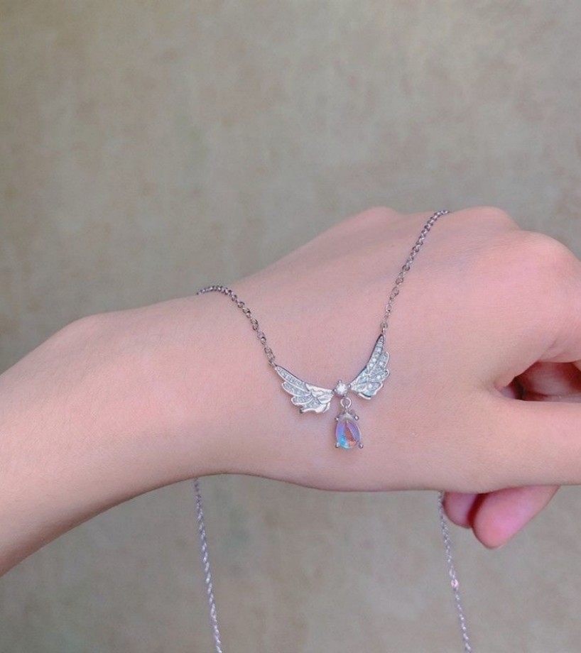Sparkling Crystal Angel Wings Silver Plated Rainbow Teardrop Charm Necklace