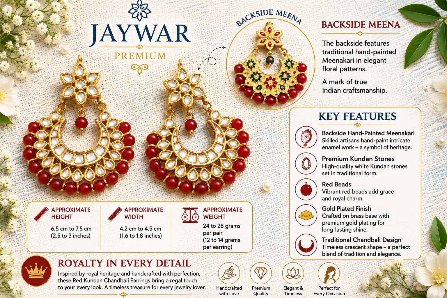 JAYWAR Premium Kundan Chandbali Earrings Meenakari Back Bridal Jewelry Gold Tone