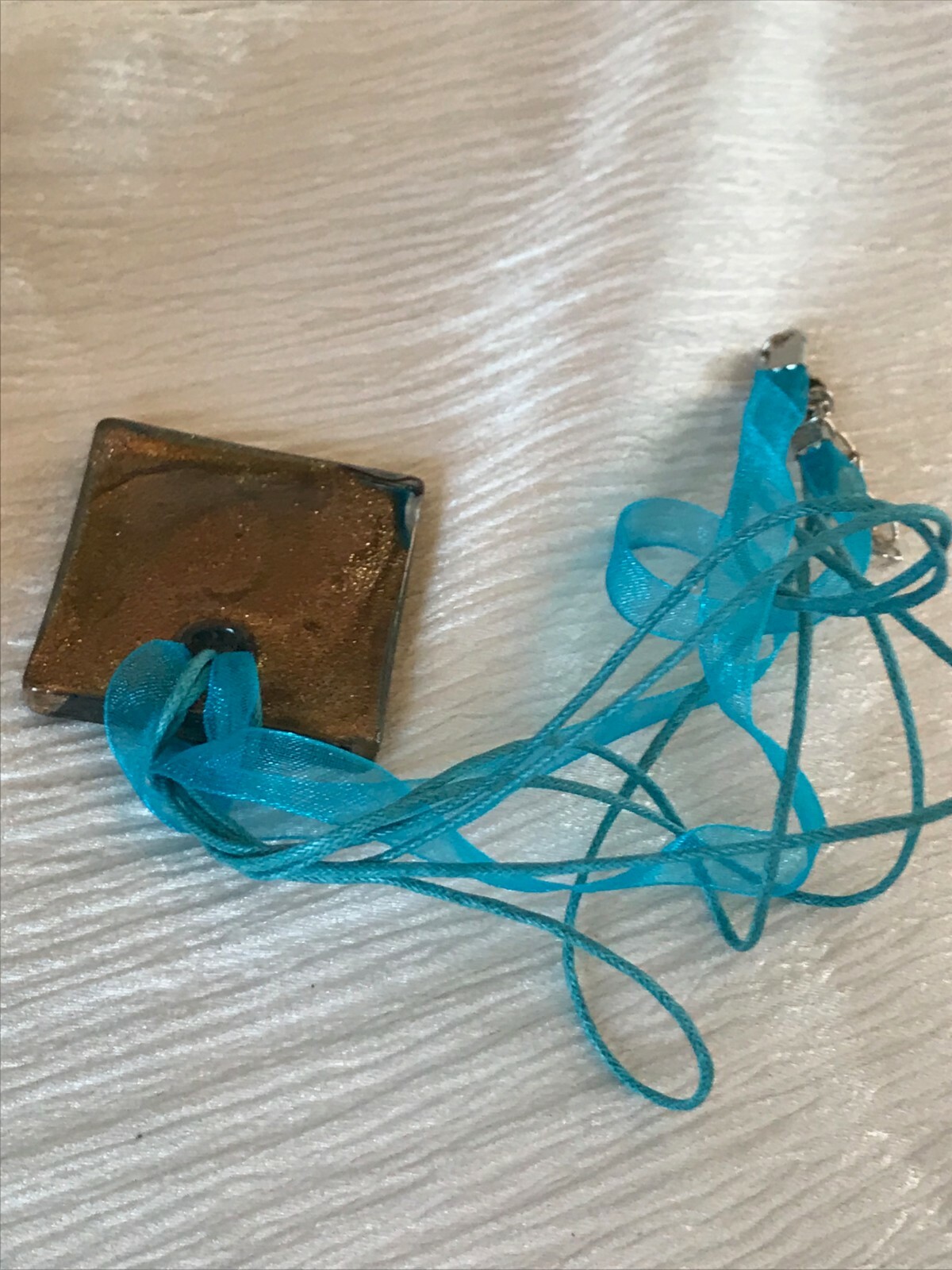 Estate Multistrand Aqua Silk Cord with Large Square Swirl Fused Art Glass Pendan