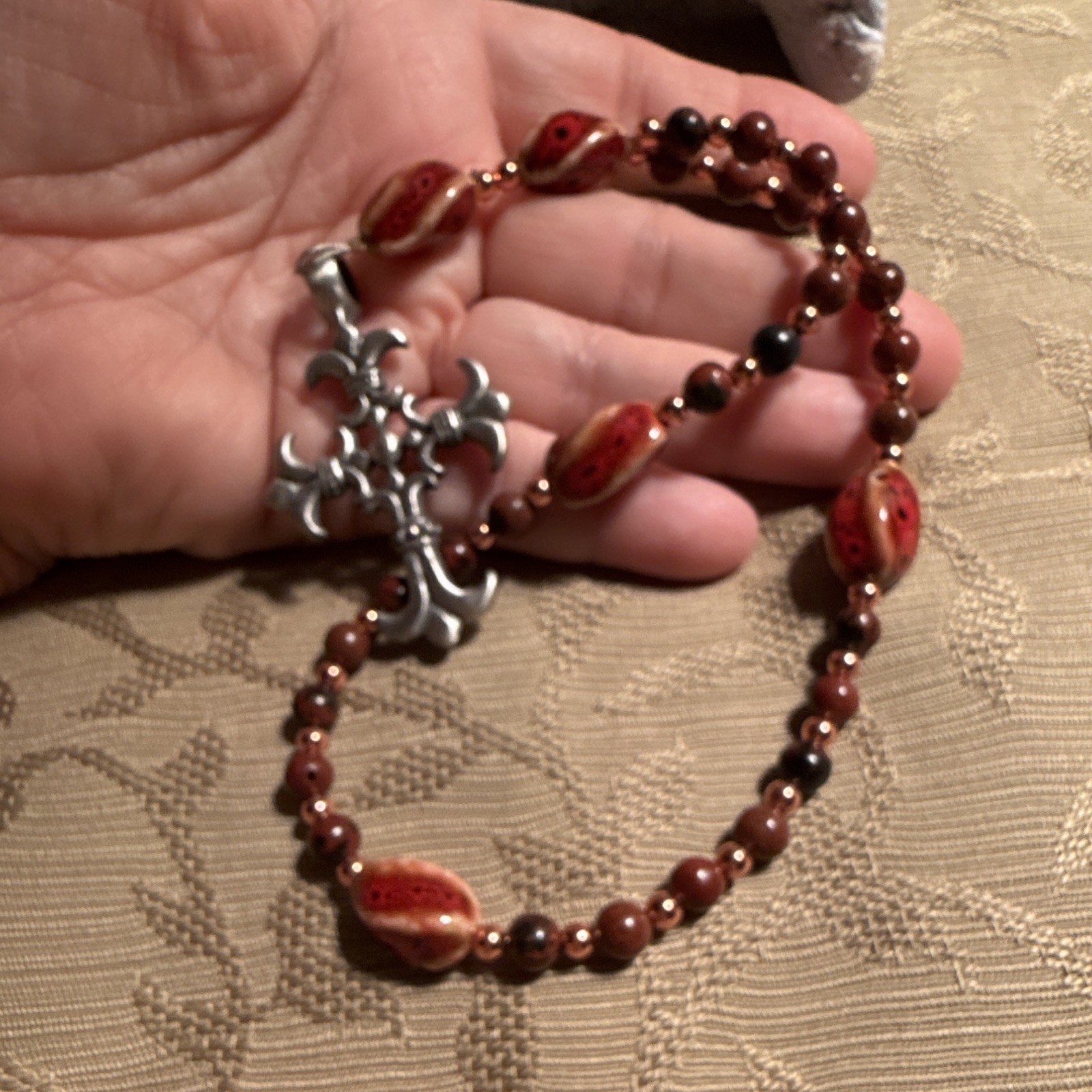 Red Beaded Ball Chain Necklace Silver-Tone Cross Charm Pendant Religious