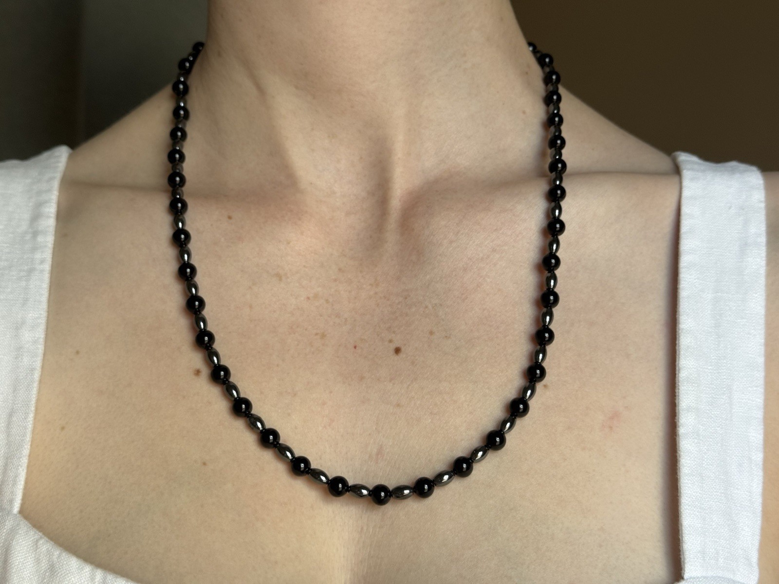 Black Onyx and Hematite Beaded Necklace Lobster Clasp