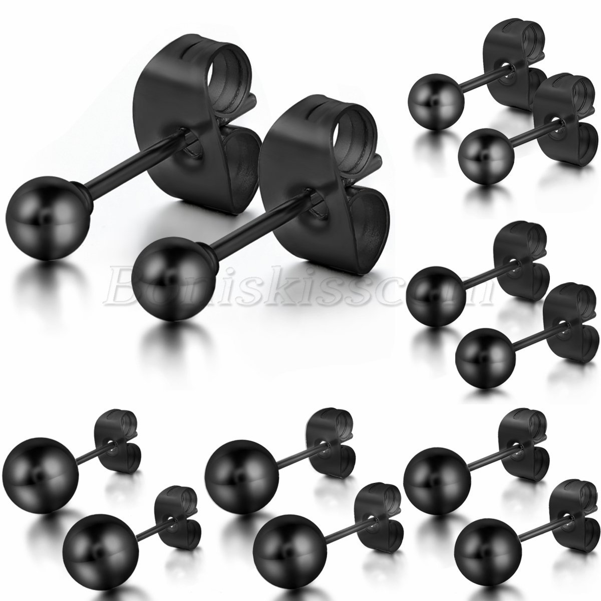 Unisex Simple Black Stainless Steel Round Ball Ear Studs Charm Earrings 3-8mm