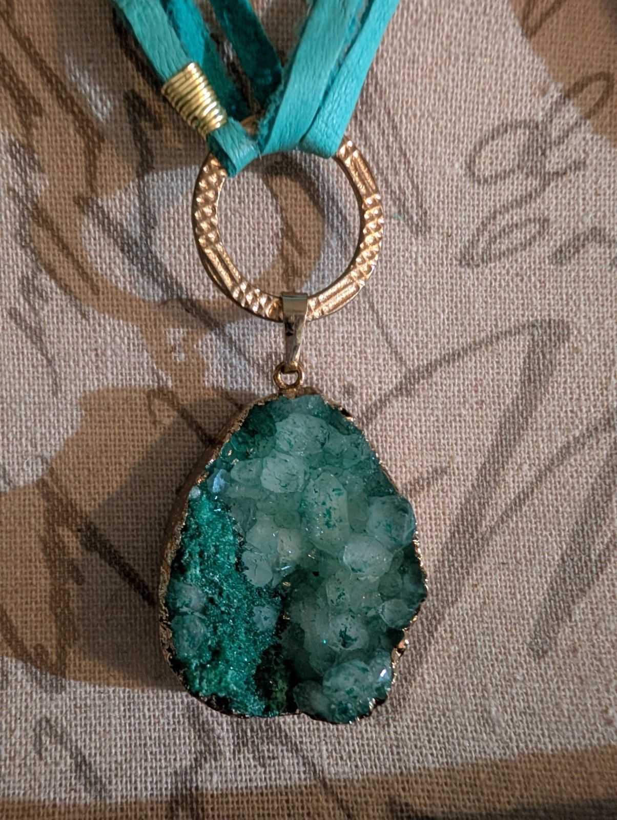 Vintage Lg Druzy Stone Pendant on Turquoise Suede Cord Wrap Style Necklace