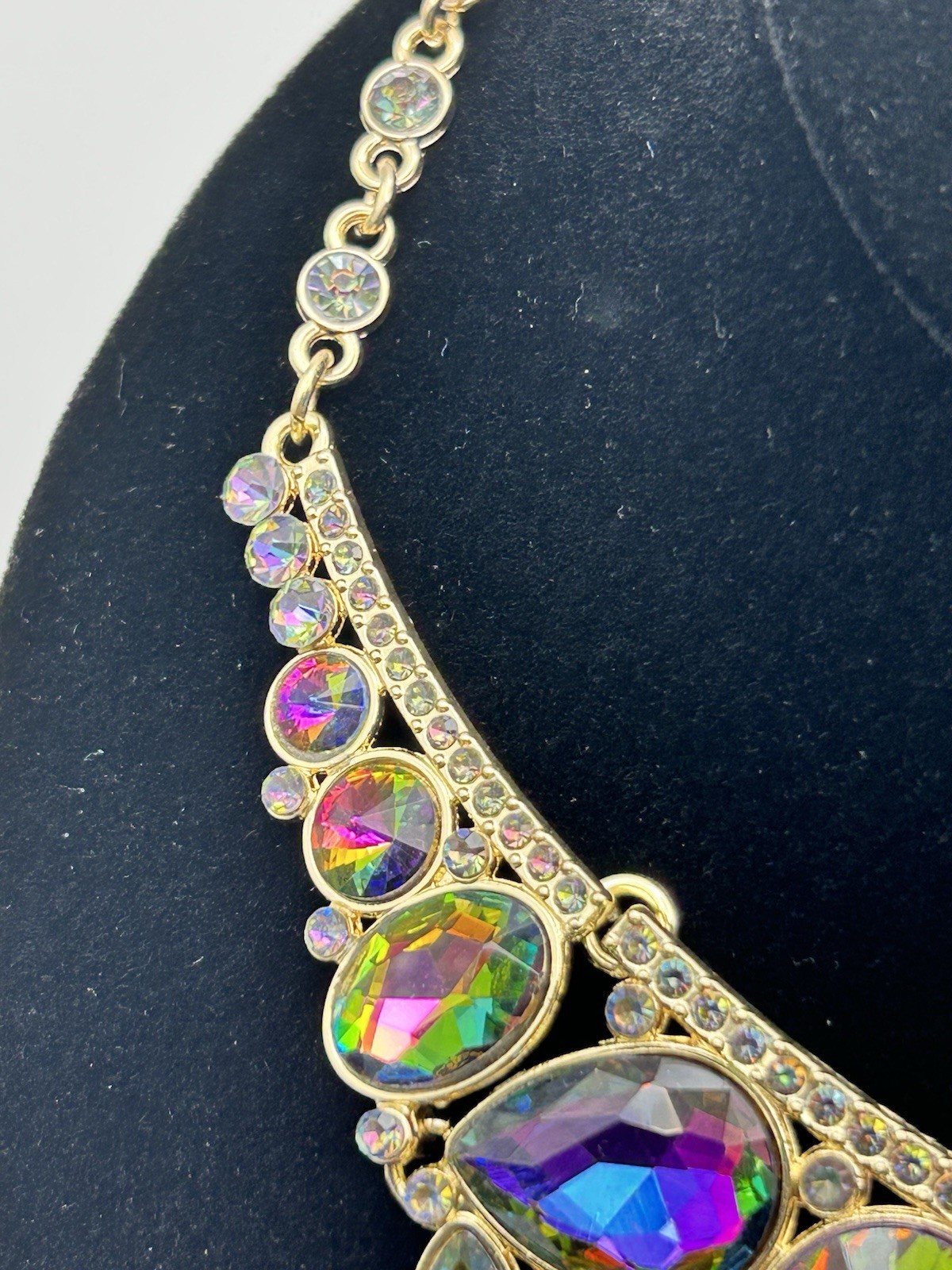 Modern Asymmetrical Bib Necklace Peacock Rainbow Rhinestone Flash Statement Pink