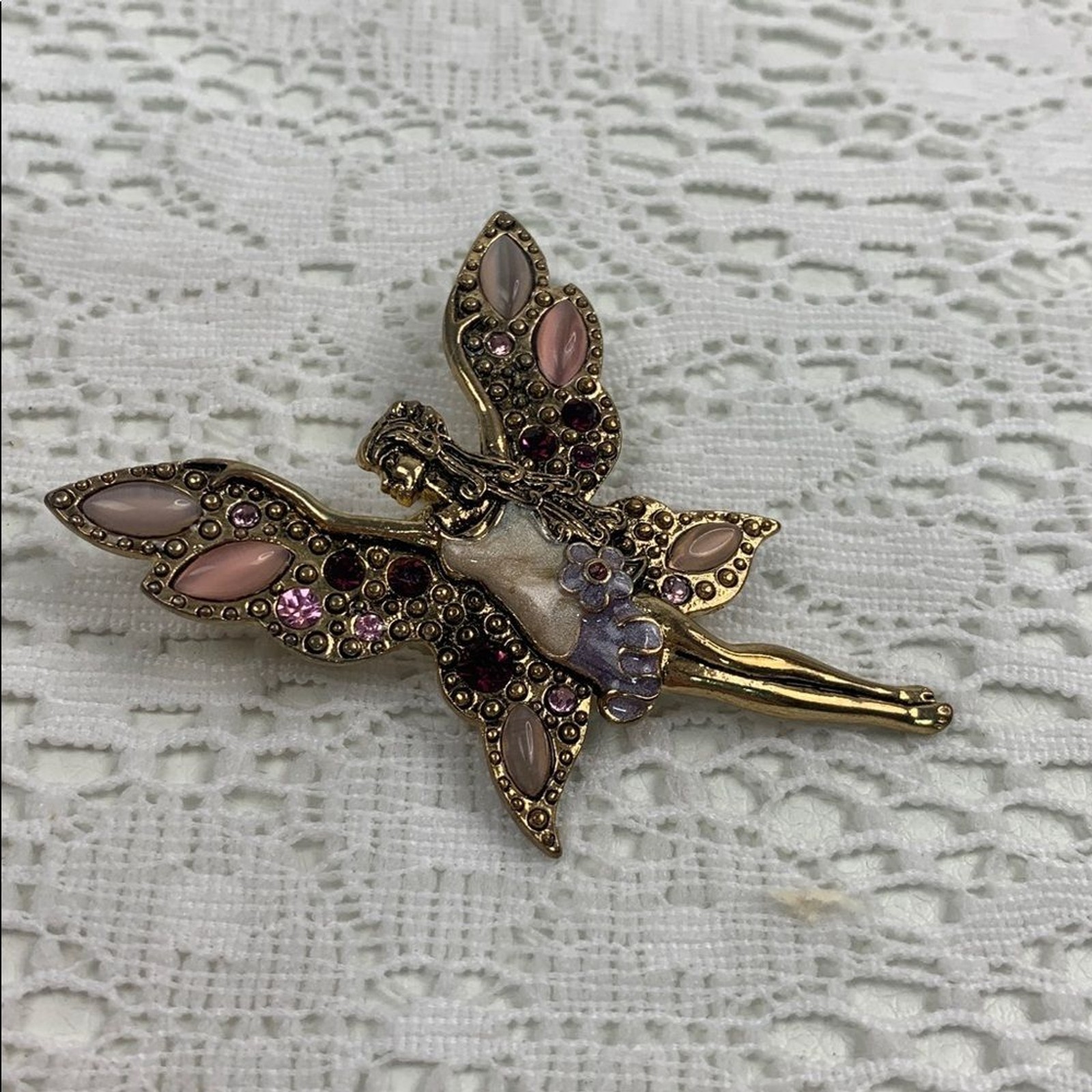 Vintage Gold and Pink Fairy Brooch Pin with gems