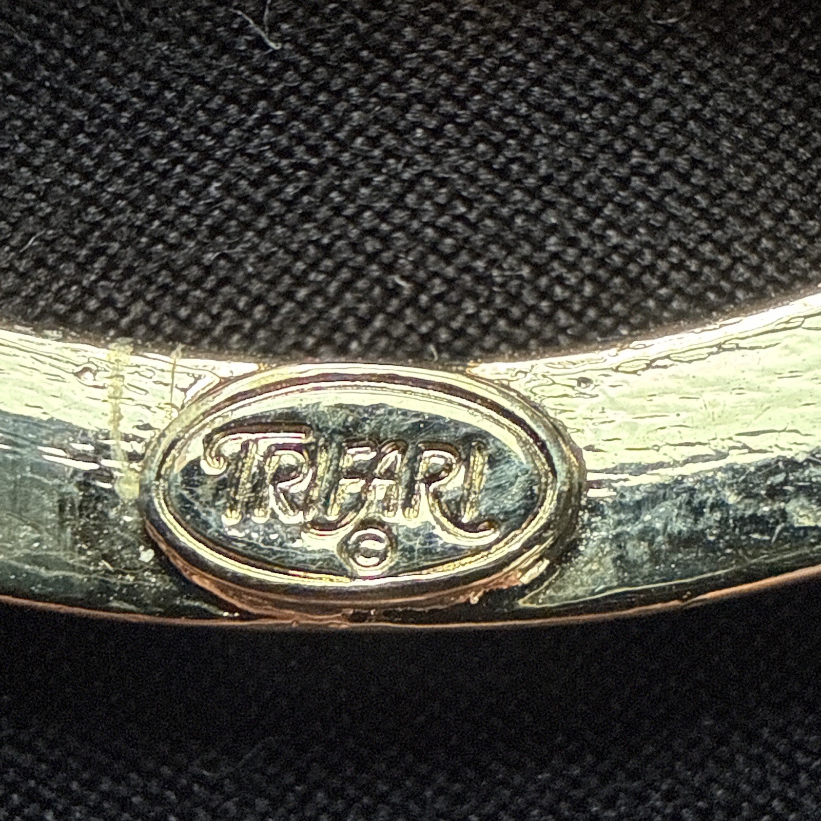 Vintage Trifari Signed Gold Tone Black Enamel Oval Brooch Pin w/ Rhinestones