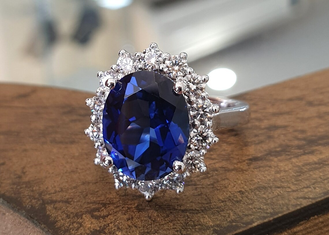 2CT Sappphire Lab Created 925 Silver Plated Halo Ring Anniversary Gift