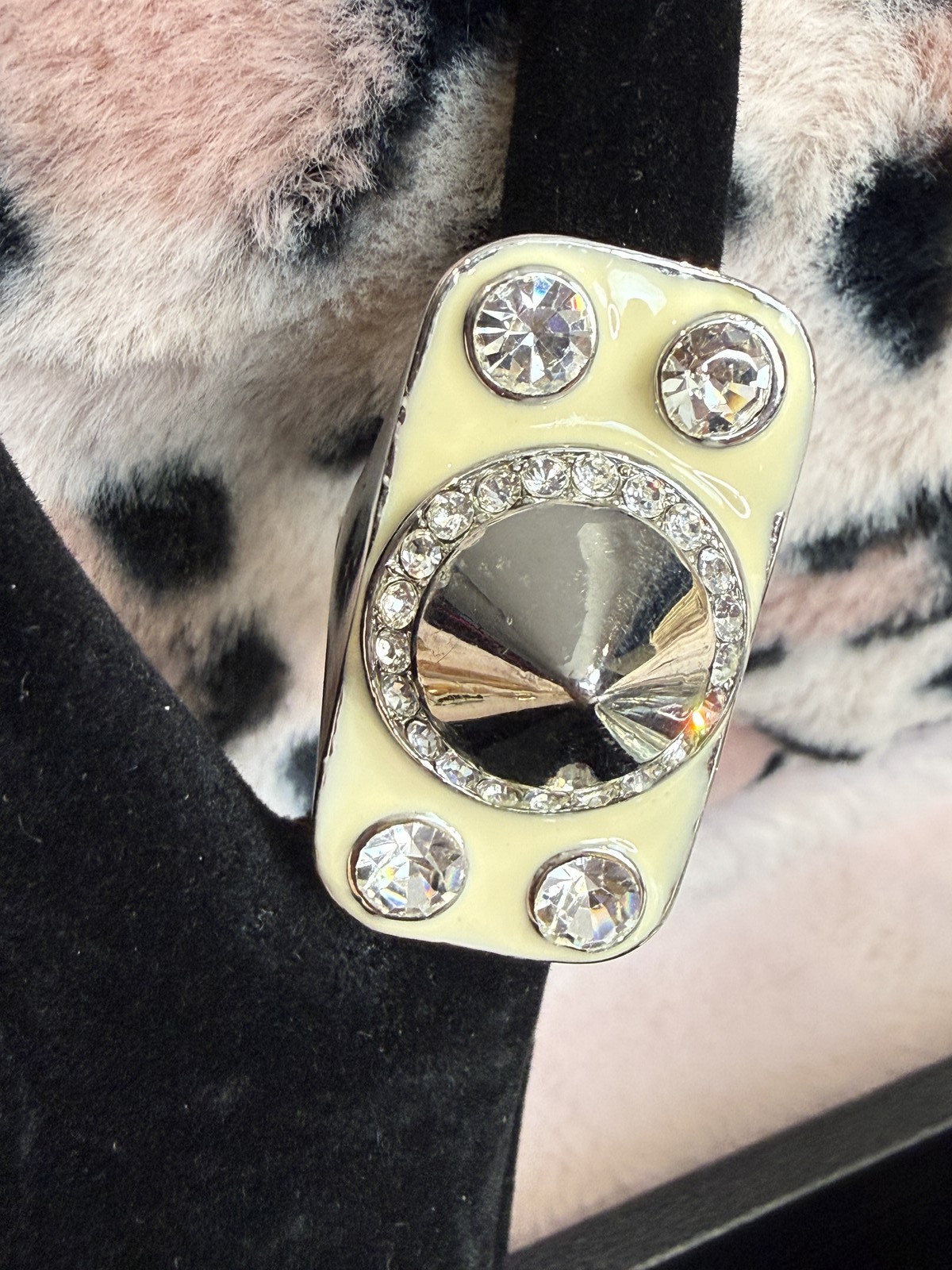 Silver Tone Cocktail Ring Cream Enamel Clear Rhinestone Spike Statement Womens